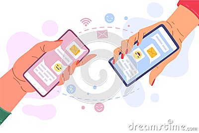 Phone messages communication. Hands holding phone people write sms send emoticons, remote internet messenger Vector Illustration