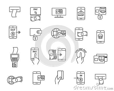 Phone or mobile payment, terminal and card shopping paying line icons. Pay online vector signs Vector Illustration