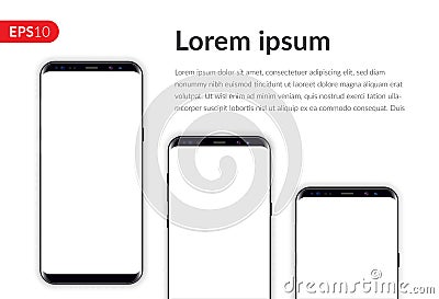 Phone, mobile smartphone isolated on white background template. Realistic vector illustration mockup three phones. Vector Illustration