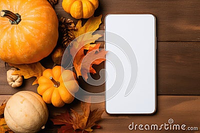 Phone mock up blank screen on Halloween Thanksgiving background. Stock Photo