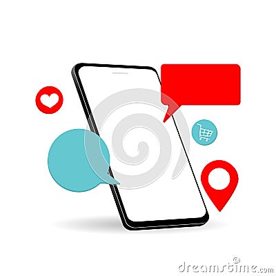 Phone mock-up with blank screen. decorated with speech bubble, cart, heart icon. Design isometric isolated on white background. Vector Illustration