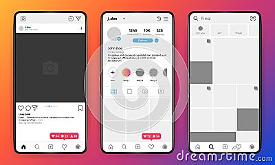 Phone mockup. Social network mobile interface on realistic phone, user profile photo frame. Vector account UI template Vector Illustration