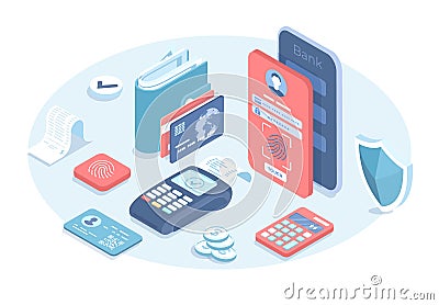 Phone online payment. Mobile banking, wireless technologies. Mobile banking application on a screen. Vector Illustration