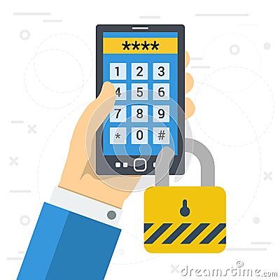 Phone with a password for secure login Cartoon Illustration