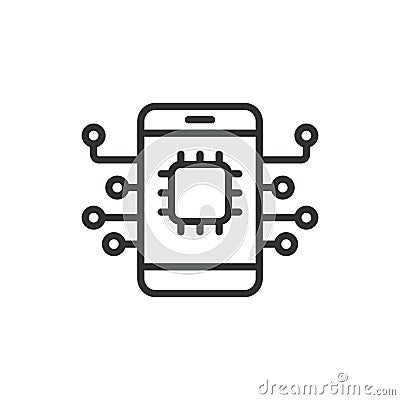 Phone processor chip, icon in line design. Phone, processor, chip, smartphone, technology, microchip, circuit on white Vector Illustration