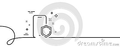 Phone protect line icon. Smartphone shield sign. Continuous line with curl. Vector Stock Photo