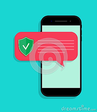 Phone protect from virus. Notification with alert about secure in smartphone. App for safe from fraud in mobile. Icon for anti Vector Illustration