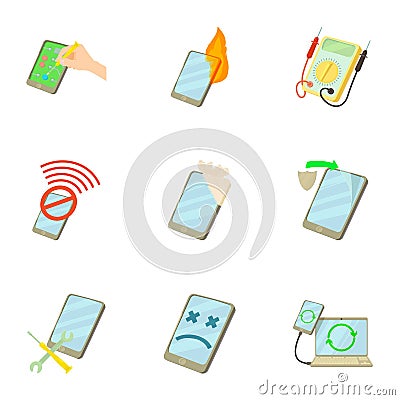 Phone repair icons set, cartoon style Vector Illustration