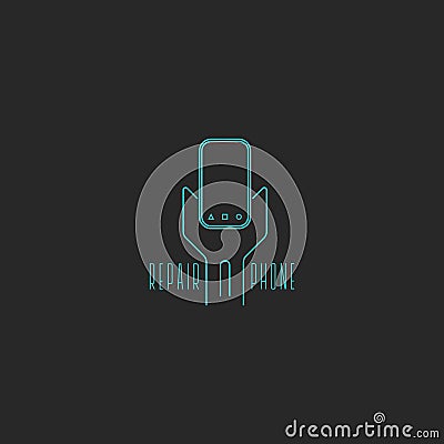 Phone repair logo spanner tool concept idea. Mobile telephone and wrench blue thin lines style, smartphone fix service emblem Vector Illustration