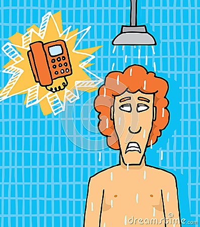 Phone ringing while in the shower Cartoon Illustration