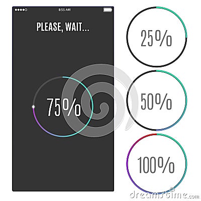 Phone screen with loading percentage marks. Icons progress bar. Stock Photo