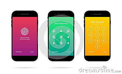 Phone screen with lock. Mobile password, passcode. Ui in smartphone for security. Unlock code in cellphone. Lockscreen for user Vector Illustration