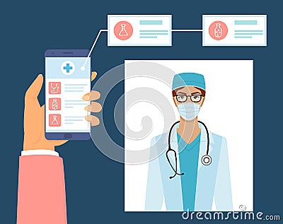Mobile phone screen with medical app. Female doctor with phonendoscope vector illustration Vector Illustration