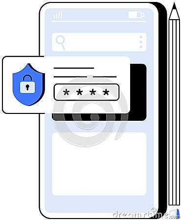 Mobile Phone Displaying Security Shield and Password Input with Pencil Vector Illustration