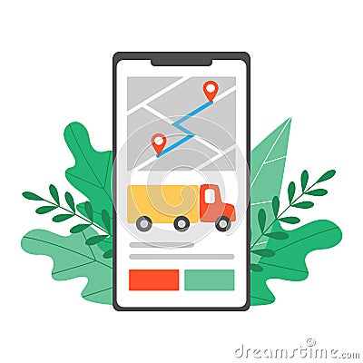 A phone screen with a truck call application surrounded by foliage. Mobile App at the choice of the best carrier and Vector Illustration
