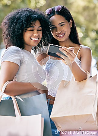 Phone selfie, retail bag and shopping friends post memory picture, gift present or discount sales purchase to social Stock Photo
