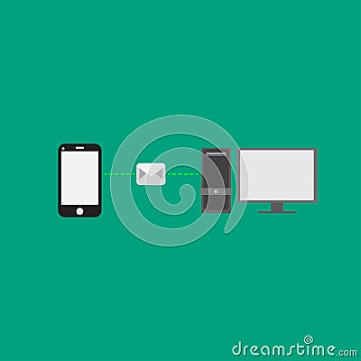 Phone is sending email to computer. Phone is sending message to computer. flat design. vector illustrator Vector Illustration