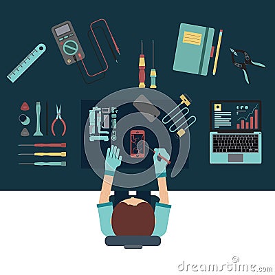 Phone service and repair center concepts. Top view. Flat design Vector Illustration