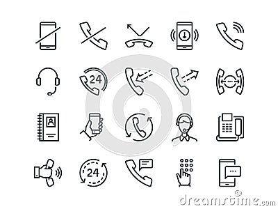 Phone. Set of outline vector icons. Includes such as Calls, Online Support, Mobile Phone and more. Editable Stroke Vector Illustration