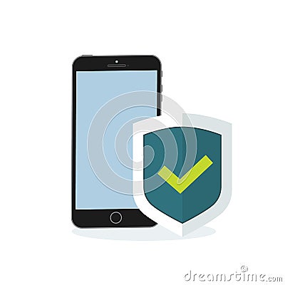 Phone and shield with a confirmed status of protection Vector Illustration