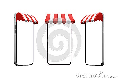 Phone with shop awning in three positions. Isoalted display and background for mockup, shopping app promotion Stock Photo