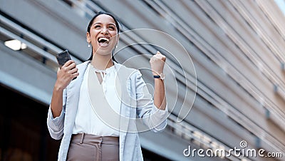 Phone, success celebration and woman in city after winning, deal or receiving startup funding. Wow, winner and Indian Stock Photo