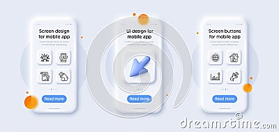 Phone survey, Globe and Efficacy line icons pack. For web app. 3d phone mockups. Vector Vector Illustration