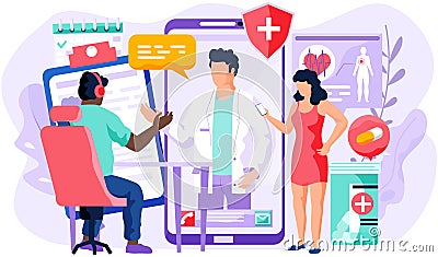 Patient on online consultation. Guy with headphones looking at screen. Phone video call to therapist Vector Illustration