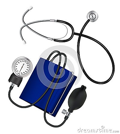 Phonendoscope and tonometer. Set Medical instruments for measuring blood pressure and pulse. Vector. Cartoon Illustration