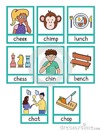 Phonics flashcards with -ch- spelling rule. Flash cards with phonics sound words Vector Illustration