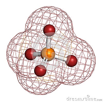 Phosphate anion, chemical structure. 3D rendering. Atoms are represented as spheres with conventional color coding: phosphorus . Stock Photo