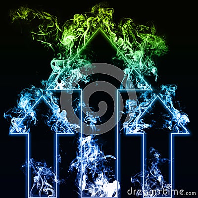 Three blue and green arrows with smoke in black background Stock Photo