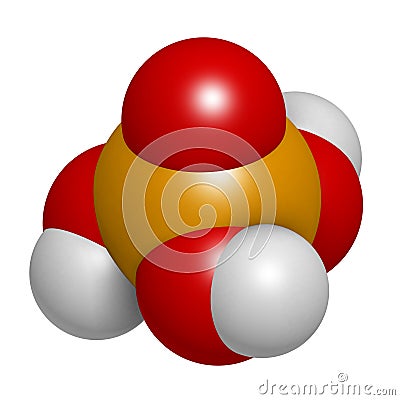 Phosphoric acid mineral acid molecule. Used in fertilizer production, biological buffers, as food additive, etc. Atoms are Stock Photo