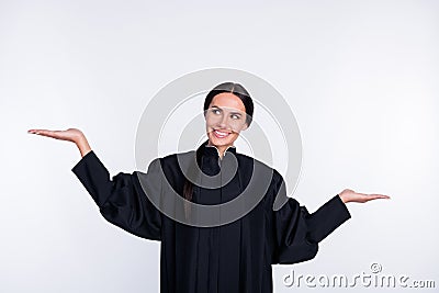 Phot oof happy good mood smiling lovely woman judge show scales look copysoace isolated on white color background Stock Photo