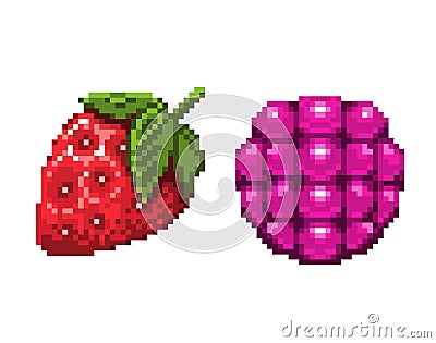 Pixel art raspberry and strawberry icon, 32X32 Vector Illustration