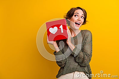 Photo of adorable excited girl hand hold red poster instagram facebook like empty space isolated on yellow color Stock Photo