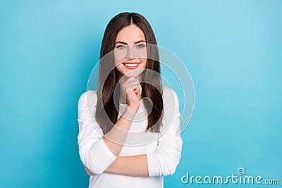 Photo of adorable intelligent young lady brainstorming thinking make plan isolated on blue color background Stock Photo