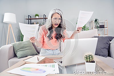 Photo of aged woman unhappy upset angry mad problem fail documents report deadline work remote home laptop Stock Photo