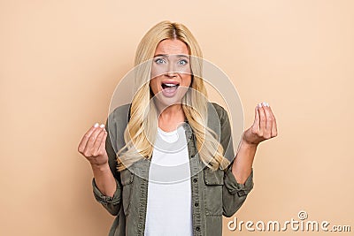 Photo of aggressive lady wear trendy clothes negative reaction bad mood pretense isolated on beige color background Stock Photo