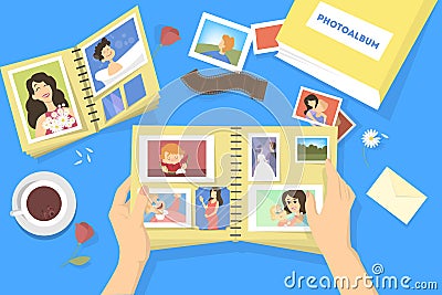 Photo album with family photos. Photography with happy people Vector Illustration