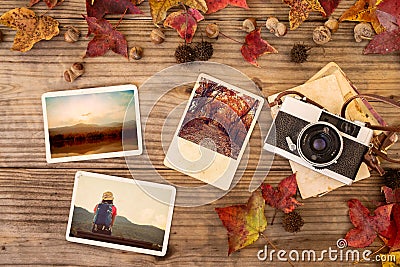 Photo album in remembrance and nostalgia in autumn & x28;fall season& x29; on wood table Stock Photo