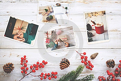 Photo album in remembrance and nostalgia in Christmas winter season on wood table. Stock Photo