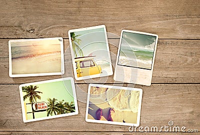 Photo album remembrance and nostalgia journey in summer surfing beach trip on wood table. Stock Photo