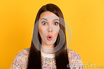 Photo of amazed astonished young woman news information sale shock isolated on shine yellow color background Stock Photo