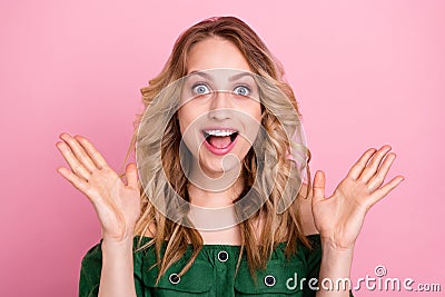 Photo of amazed crazy lady raise palms open mouth wear naked shoulders green blouse isolated pink color background Stock Photo