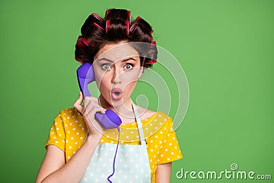 Photo amazed retro vintage girl ring telephone cord hear scammers tell say speak talk unbelievable information wear Stock Photo