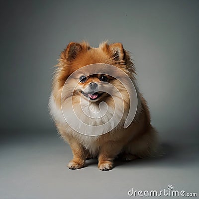 A photo of an amazingly cute, funny and charming pomeranian on a gray background. Stock Photo