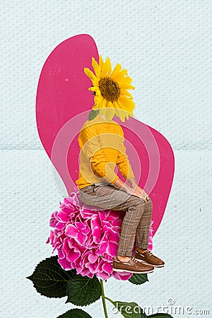 Photo artwork minimal collage picture of funky guy sunflower instead of head sitting hydrangea isolated drawing Stock Photo