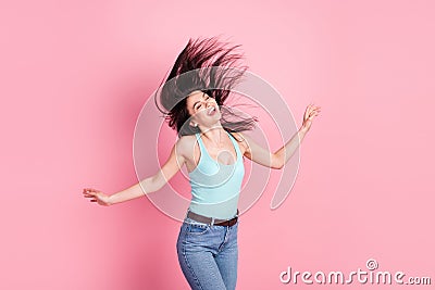 Photo of astonished beauty millennial lady hair up wear blue top isolated on pink color background Stock Photo
