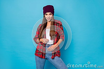 Photo of attractive cool stylish good mood pretty lady glad warm spring weather street clothes wear casual hat plaid Stock Photo